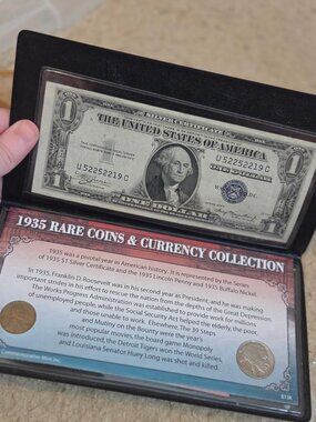 Currency & Coins, 1935 Dollar, Nickel, Penny; 1999 Quarter Set; and Nickel Set